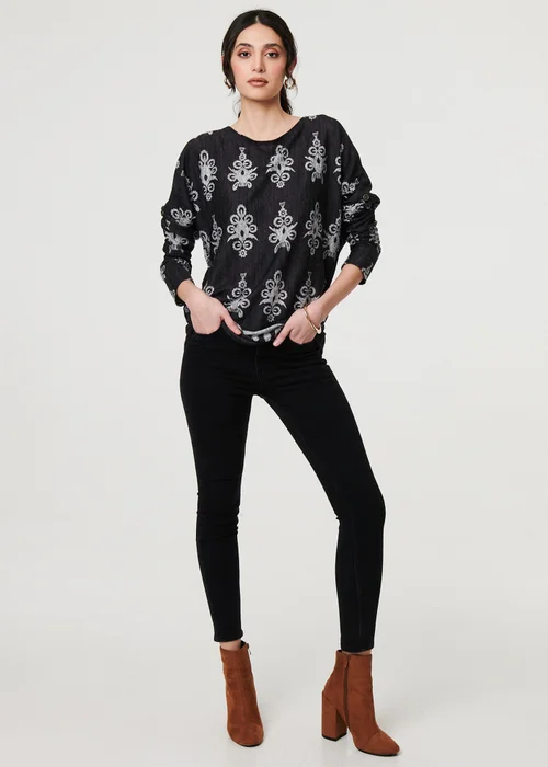 Izabel London Black Printed Long Sleeve Relaxed Top - XL Image 4