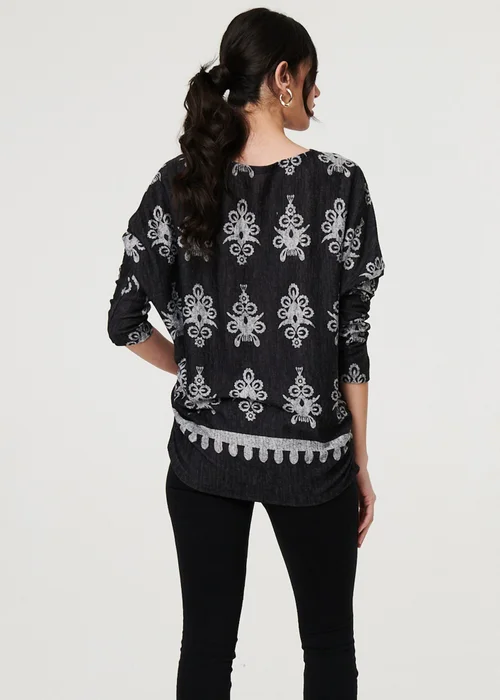 Izabel London Black Printed Long Sleeve Relaxed Top - XL Image 2