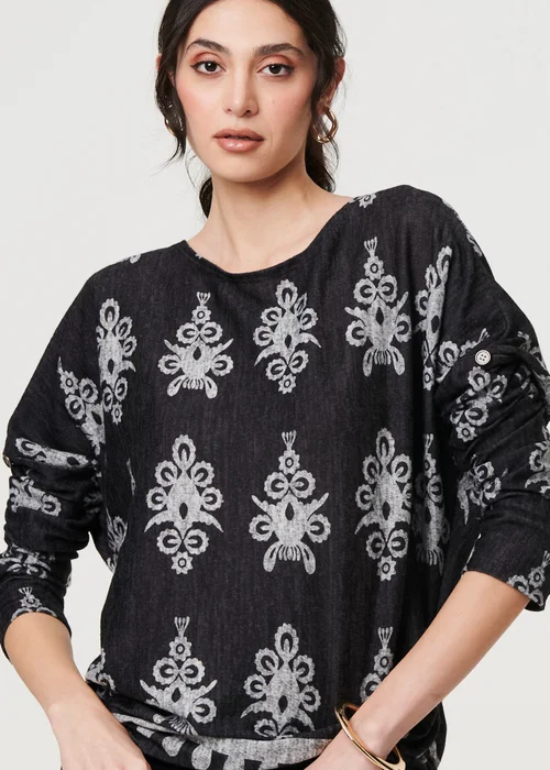 Izabel London Black Printed Long Sleeve Relaxed Top - XL Image 3