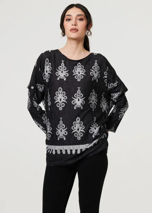 Izabel London Black Printed Long Sleeve Relaxed Top - XL Image 1