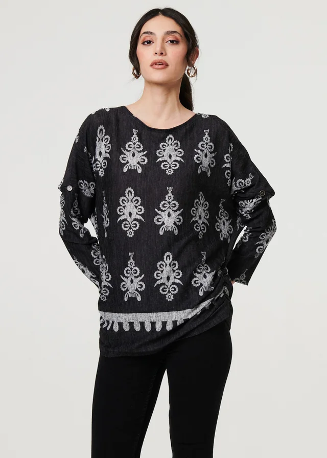Izabel London Black Printed Long Sleeve Relaxed Top
