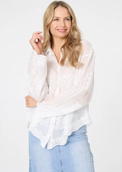 Izabel London White Embroidered Textured Long Sleeve Shirt - M/L Image 1