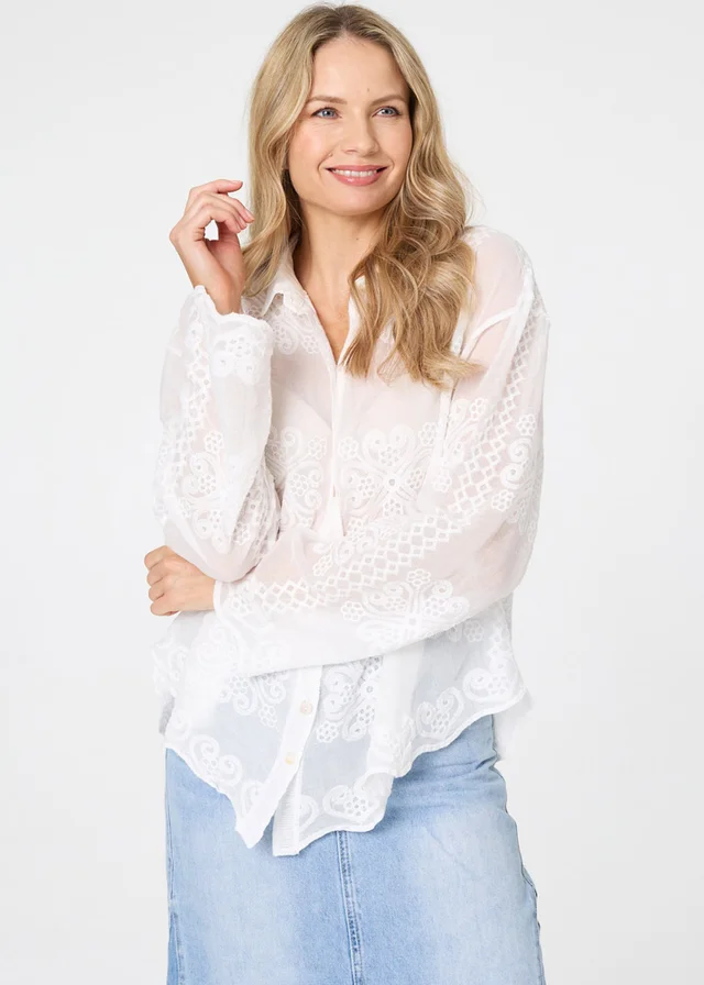 Izabel London White Embroidered Textured Long Sleeve Shirt
