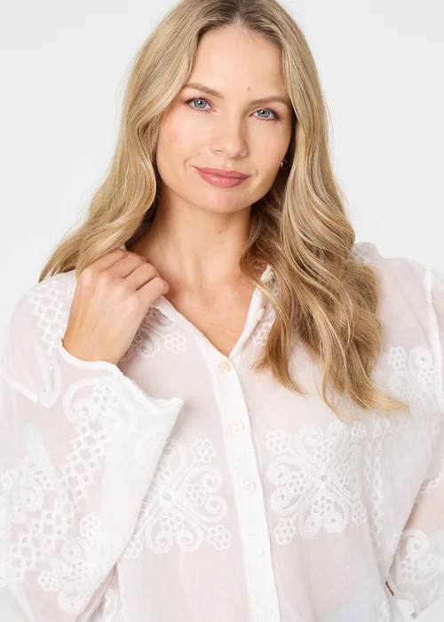 Izabel London White Embroidered Textured Long Sleeve Shirt - M/L Image 3