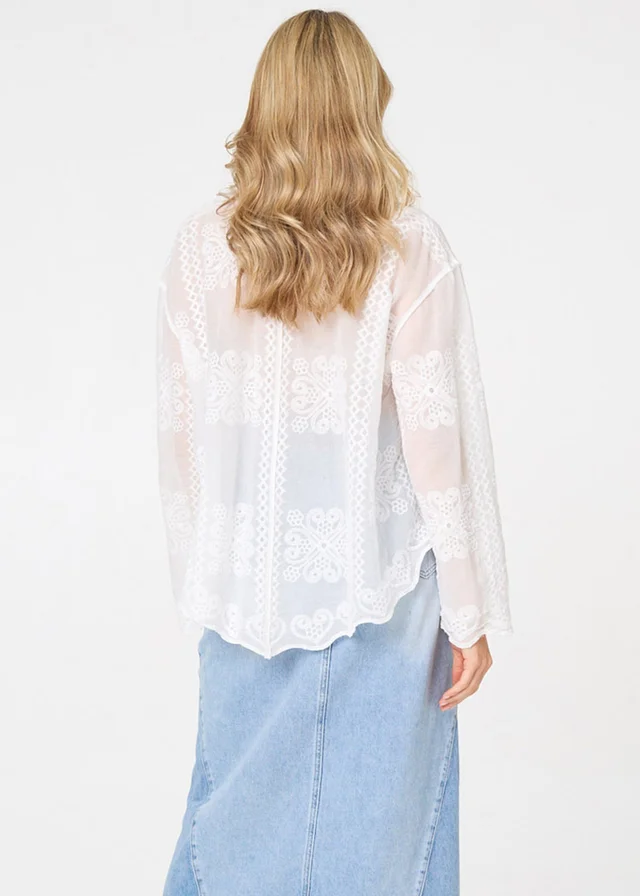 Izabel London White Embroidered Textured Long Sleeve Shirt