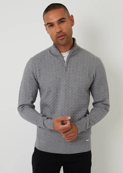 Threadbare Grey Textured Cable Knit Quarter Zip Jumper - Extra Large Image 1