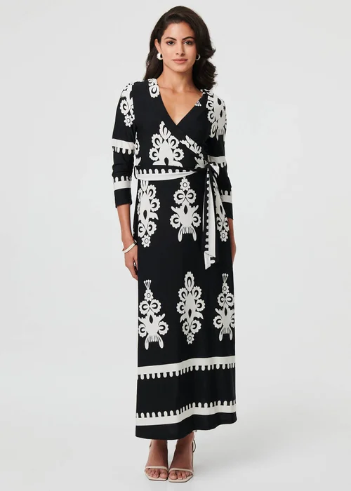 Izabel London Black Ikat Print 3/4 Sleeve Wrap Maxi Dress - 10 Image 1