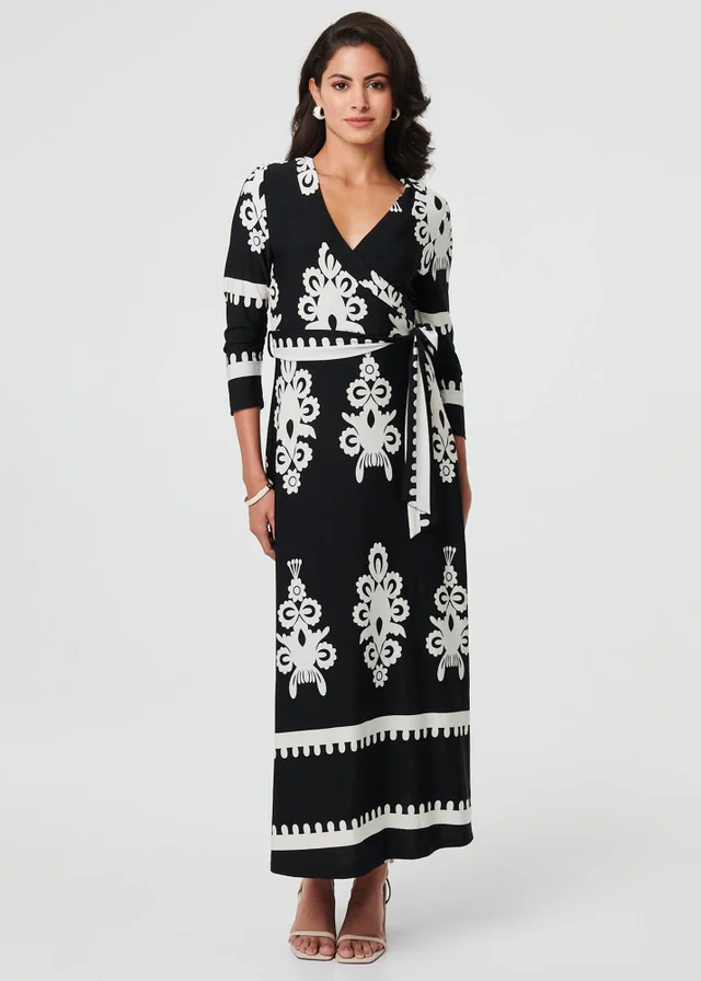 Izabel London Black Ikat Print 3/4 Sleeve Wrap Maxi Dress