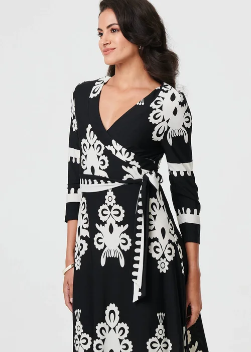 Izabel London Black Ikat Print 3/4 Sleeve Wrap Maxi Dress - 10 Image 4
