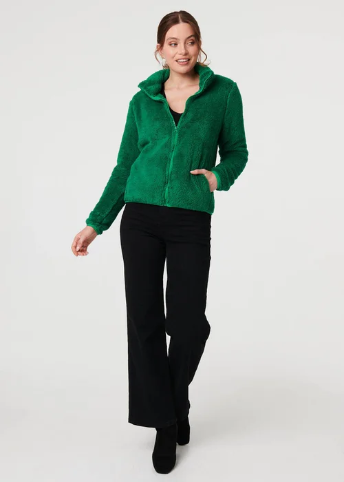 Izabel London Green Soft Texture Zip Front High Neck Fleece - 12 Image 4