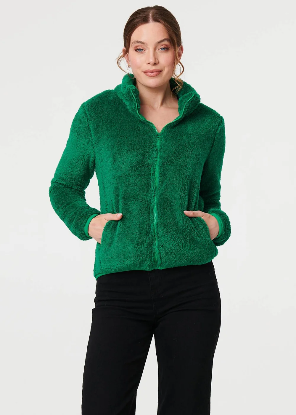 Izabel London Green Soft Texture Zip Front High Neck Fleece - 12 Image 1