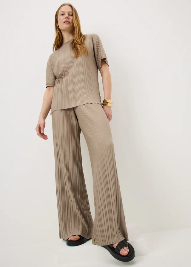 Taupe Plisse Wide Leg Co Ord Trousers