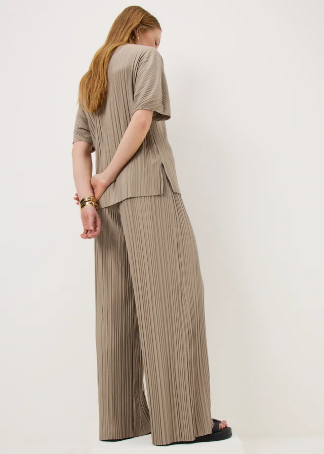 Taupe Plisse Wide Leg Co Ord Trousers