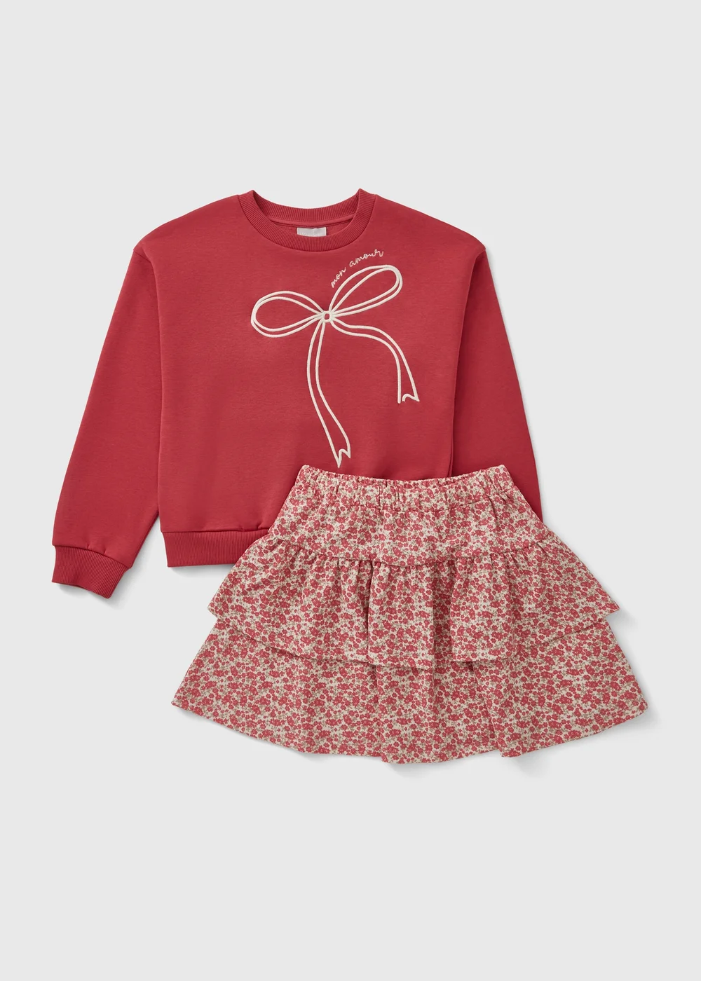 Girls Red Ditsy Bow Sweatshirt & Skirt Set (7-15yrs) - Age 7 Years Image 1