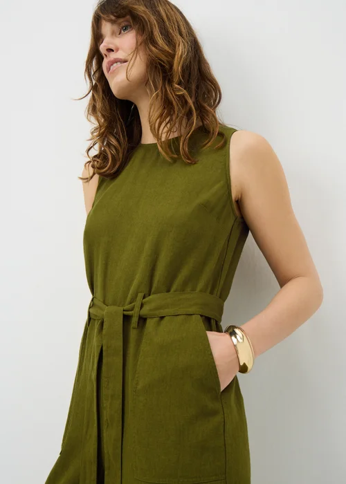 Olive Linen Blend Belted Jumpsuit - 8 Image 2