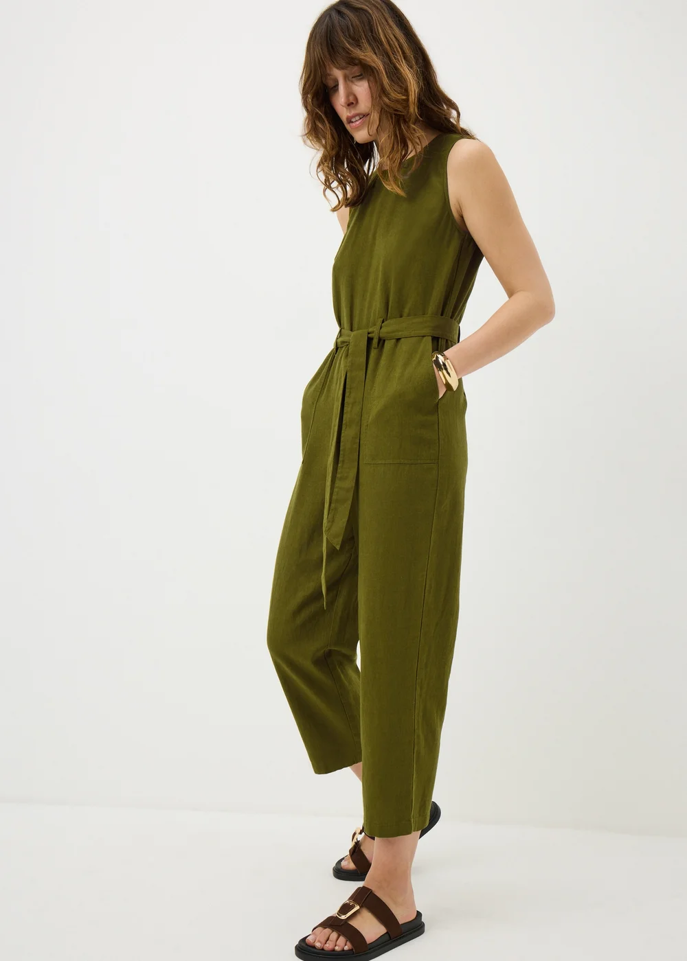 Olive Linen Blend Belted Jumpsuit - 8 Image 1