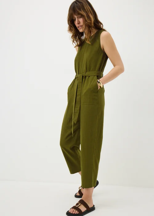 Olive Linen Blend Belted Jumpsuit - 8 Image 1