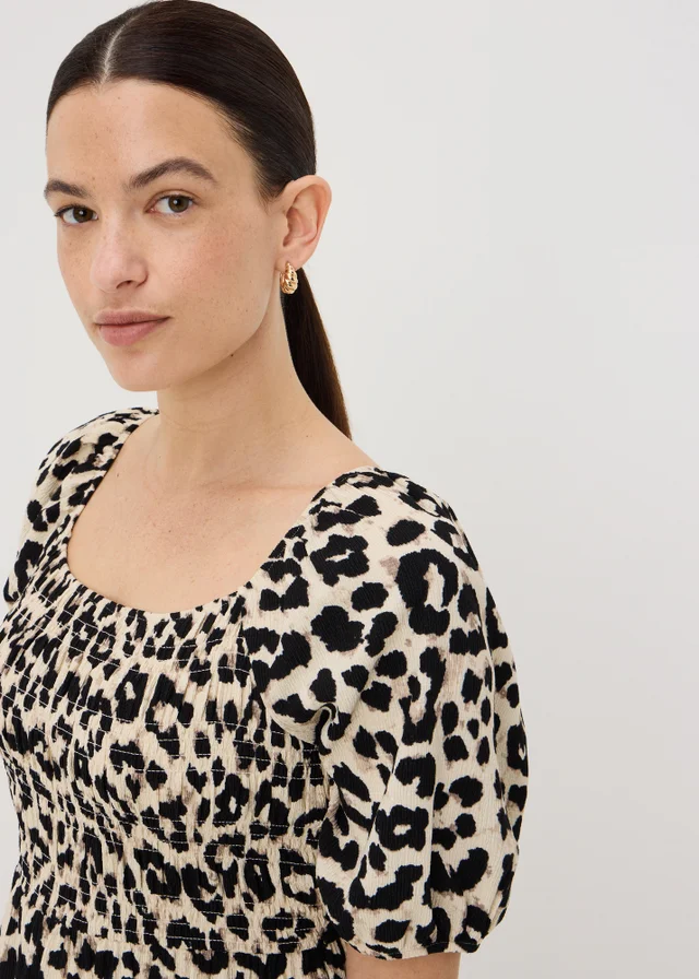 Brown Leopard Print Shirred Midi Dress