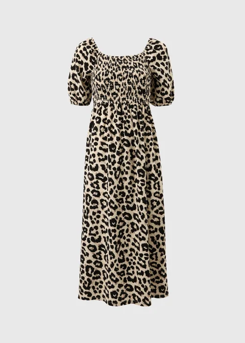 Brown Leopard Print Shirred Midi Dress - 8 Image 4