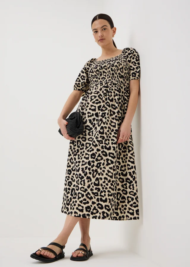 Brown Leopard Print Shirred Midi Dress