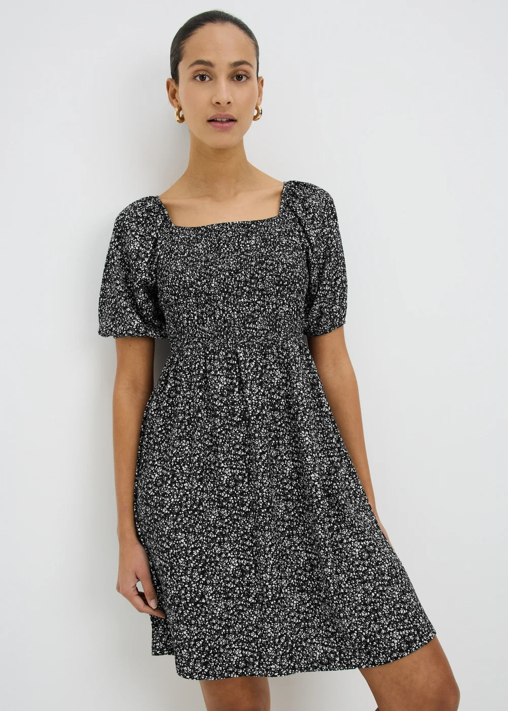 Black Abstract Shirred Mini Dress - 8 Image 1