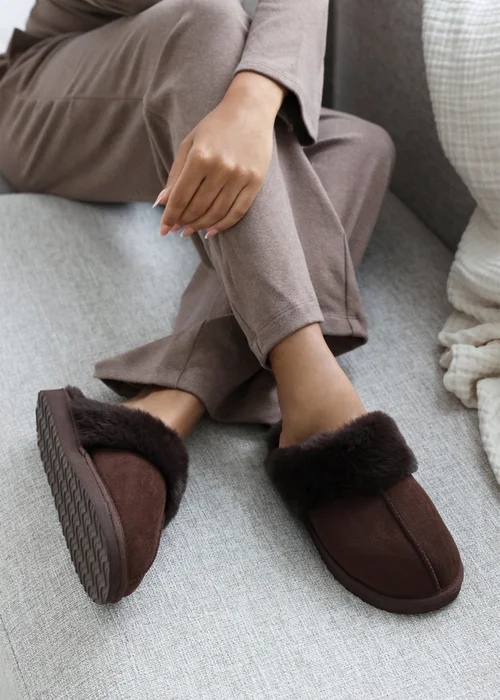 Wheres That From Lounge Brown Suede Fur Trim Slippers - Size 4 Image 2