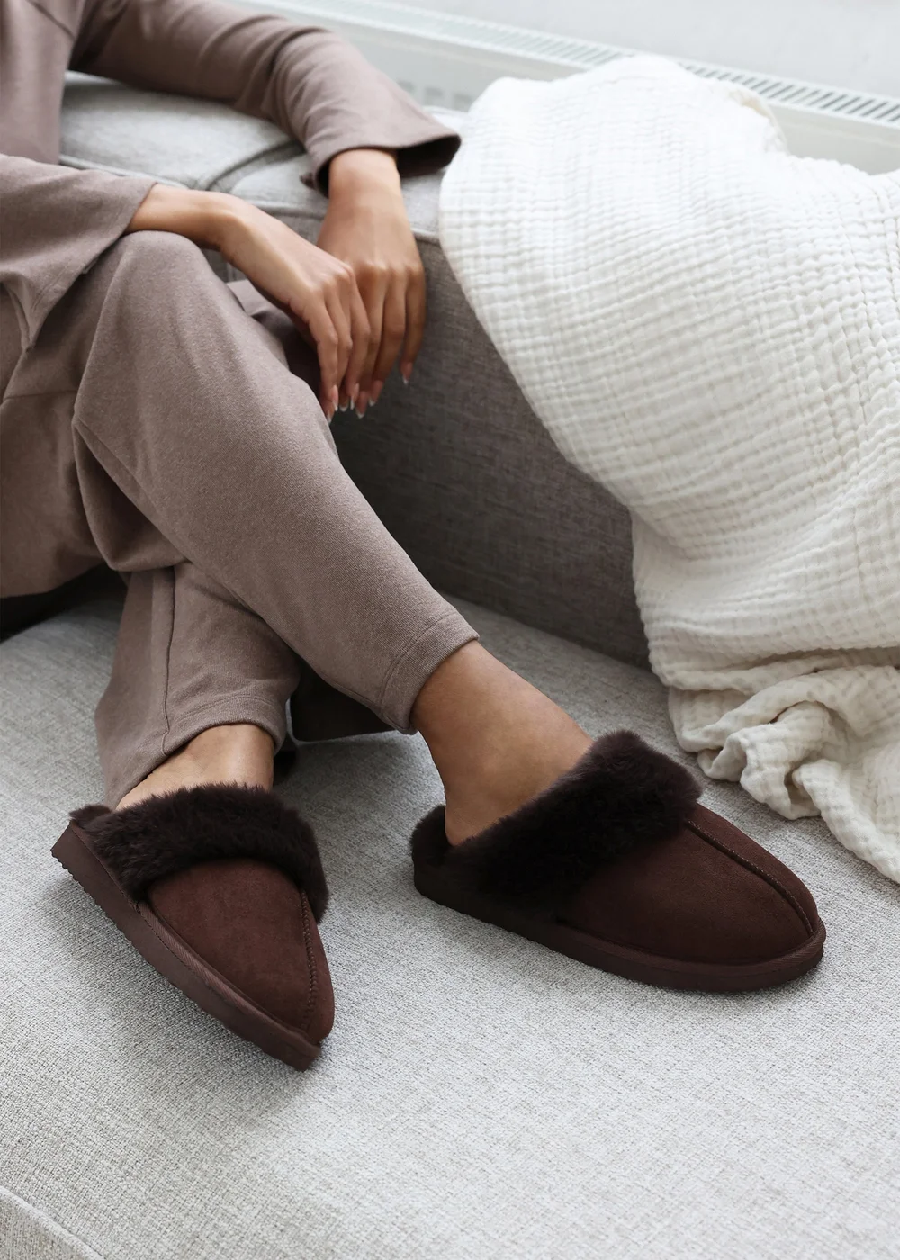 Wheres That From Lounge Brown Suede Fur Trim Slippers - Size 4 Image 1