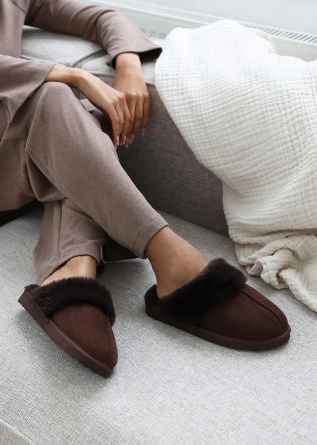 Wheres That From Lounge Brown Suede Fur Trim Slippers