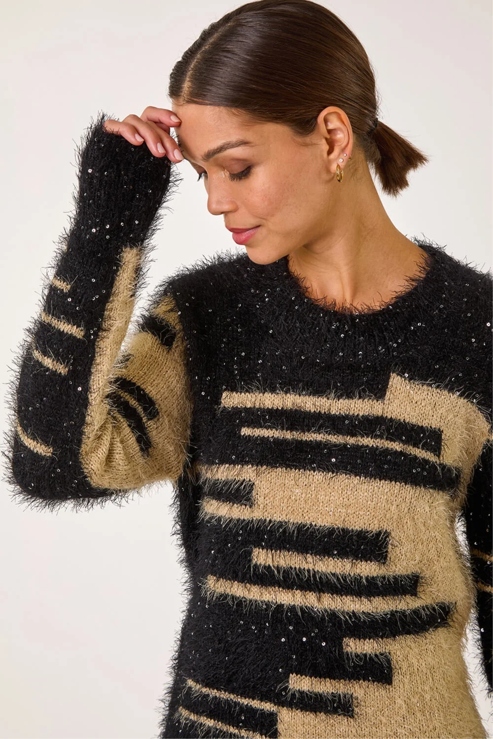 Roman Camel Fluffy Cut Stripe Knit Jumper - Size 18 Image 1
