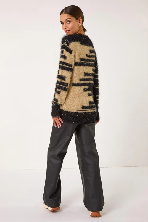 Roman Camel Fluffy Cut Stripe Knit Jumper - Size 18 Image 3