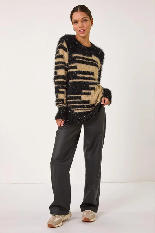 Roman Camel Fluffy Cut Stripe Knit Jumper - Size 18 Image 4