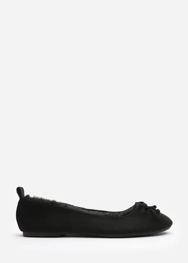 Wheres That From Cassia Black Faux Suede Faux Fur Fluffy Slippers