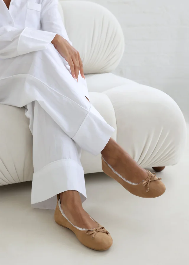 Wheres That From Cassia Camel Faux Suede Faux Fur Fluffy Slippers