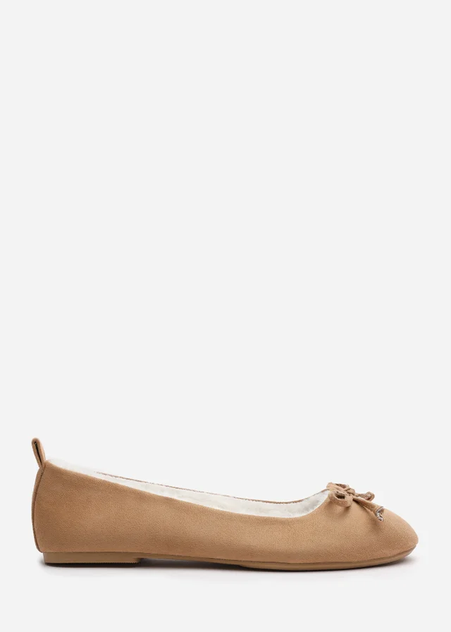 Wheres That From Cassia Camel Faux Suede Faux Fur Fluffy Slippers