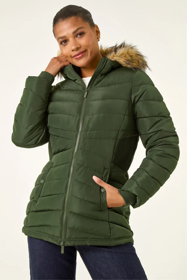 Roman Khaki Faux Fur Hooded Quilt Coat