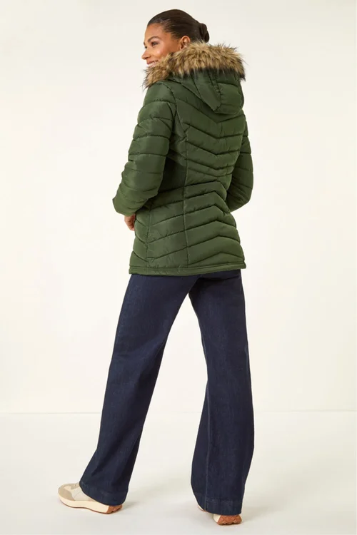 Roman Khaki Faux Fur Hooded Quilt Coat - 20 Image 3