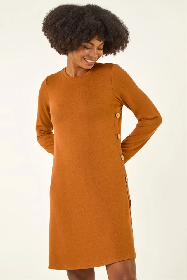 Roman Orange Side Button Detail Stretch Swing Dress