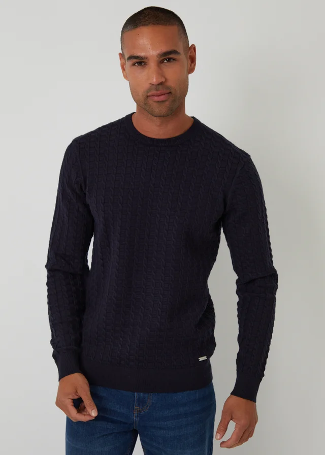 Threadbare Navy Cable Knit Crew Neck Jumper