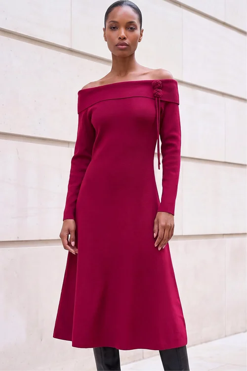Roman Red Floral Bardot Knit Midi Dress - 20 Image 1