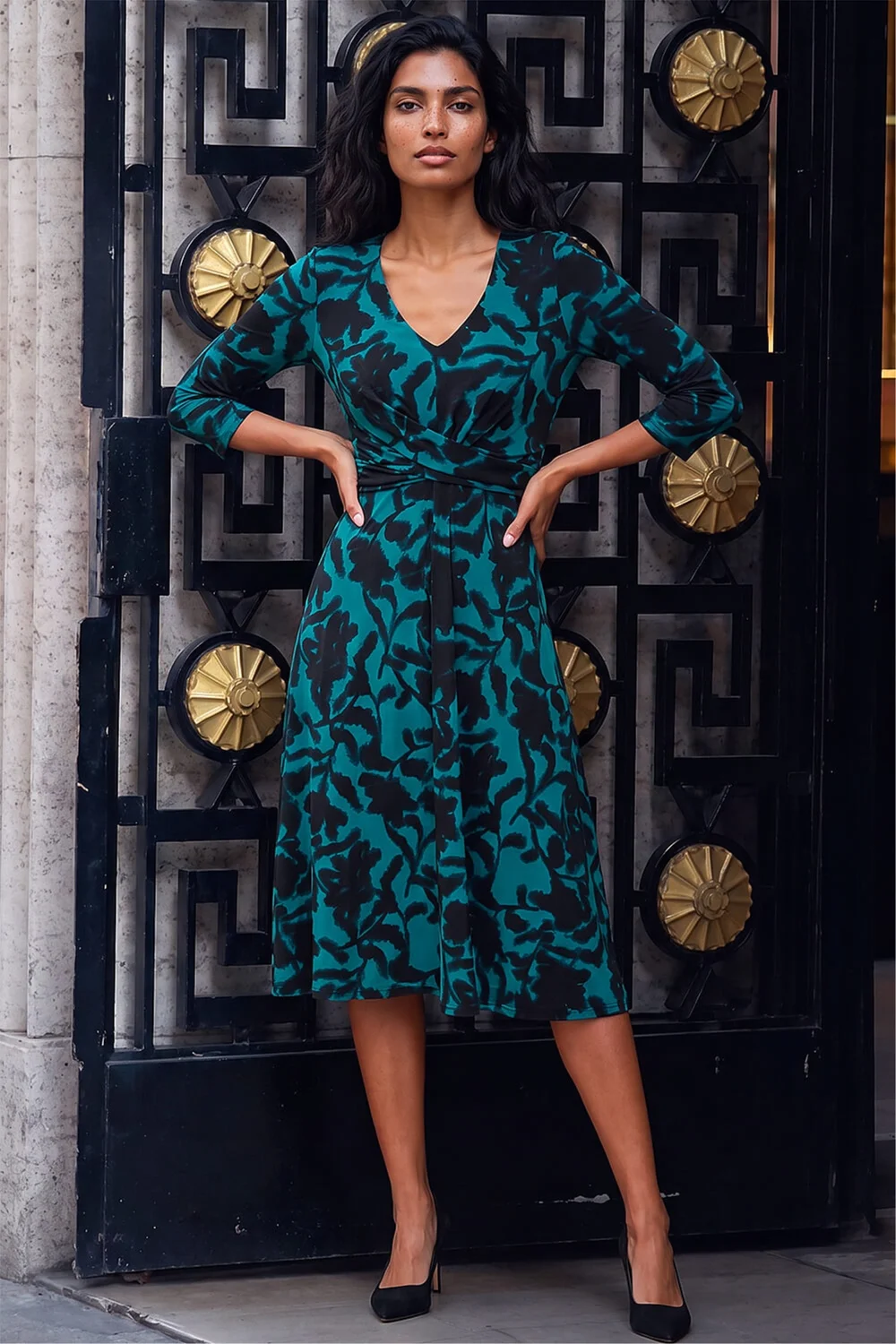 Roman Teal Floral Print Wrap Midi Stretch Dress - 18 Image 2