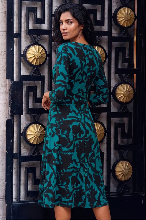 Roman Teal Floral Print Wrap Midi Stretch Dress - 18 Image 3