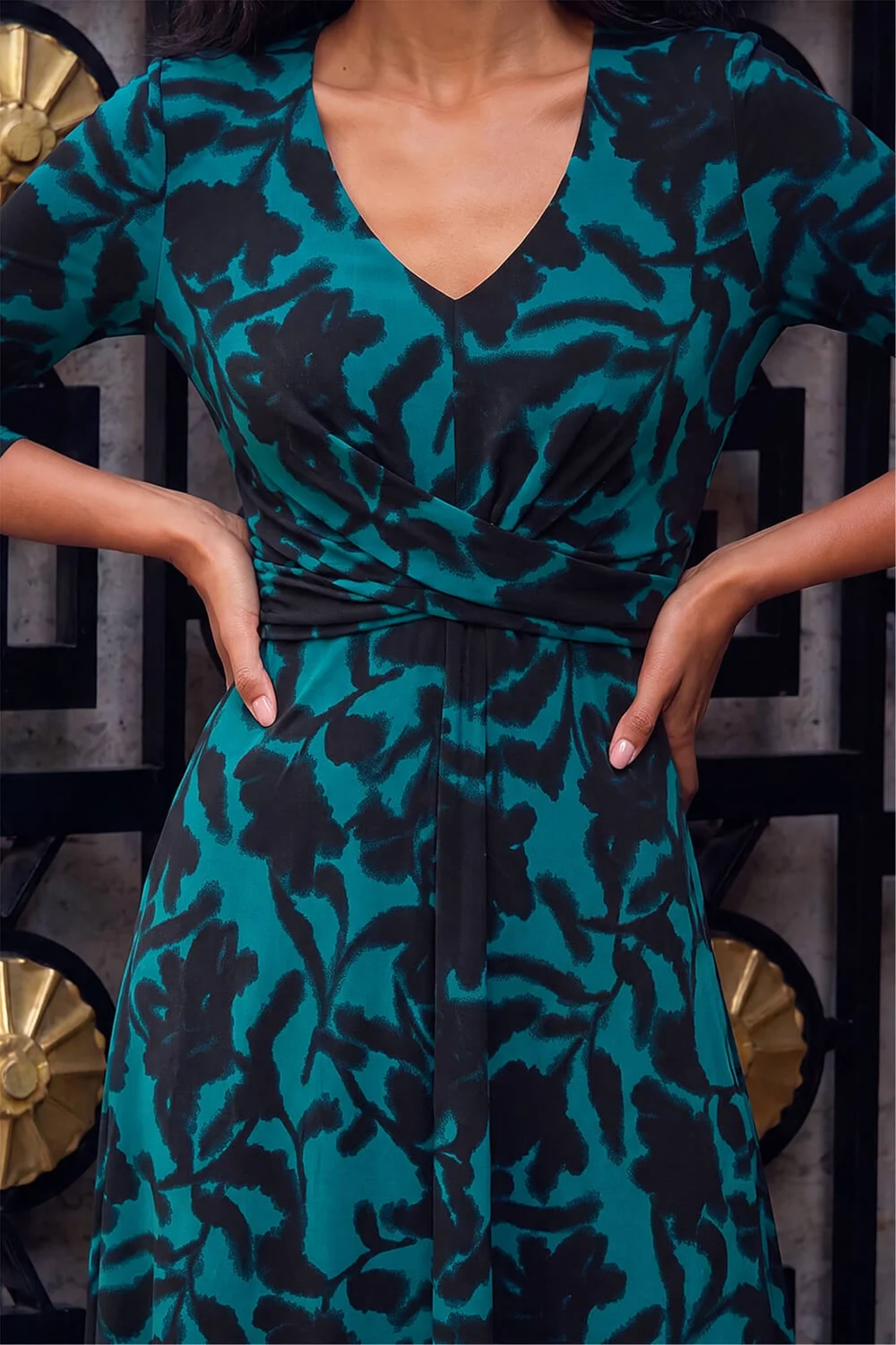 Roman Teal Floral Print Wrap Midi Stretch Dress - 18 Image 4