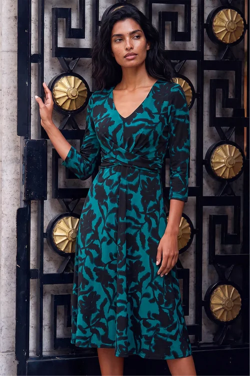 Roman Teal Floral Print Wrap Midi Stretch Dress - 18 Image 1