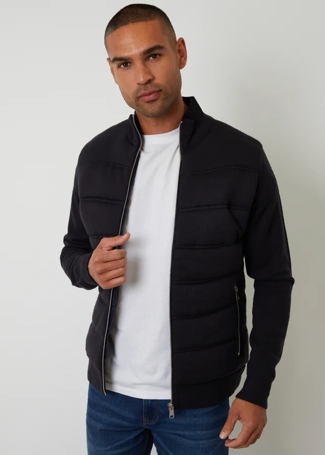 Threadbare Navy Quilted Zip Up Knitted Jacket