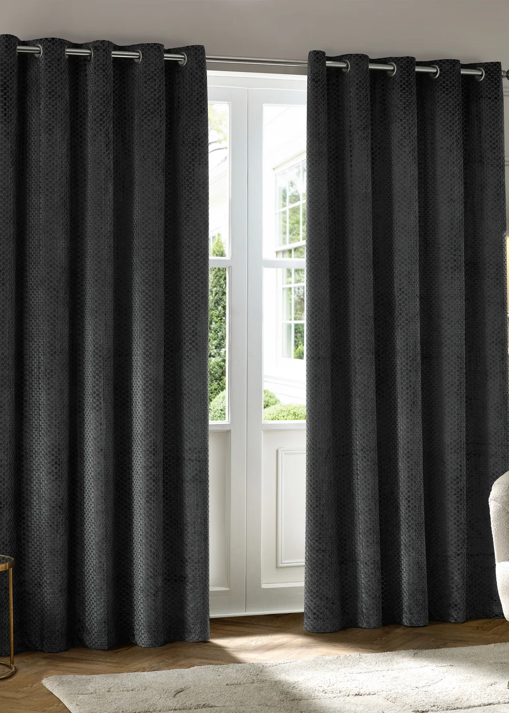 Paoletti Neptune Velvet Room Darkening Eyelet Curtain Pair Charcoal - 46W X 54D (117x137cm Image 2