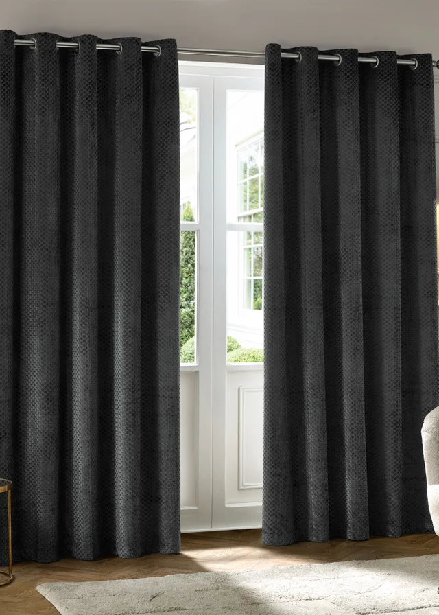 Paoletti Neptune Velvet Room Darkening Eyelet Curtain Pair Charcoal