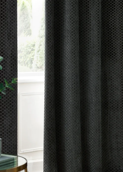 Paoletti Neptune Velvet Room Darkening Eyelet Curtain Pair Charcoal - 46W X 54D (117x137cm Image 5