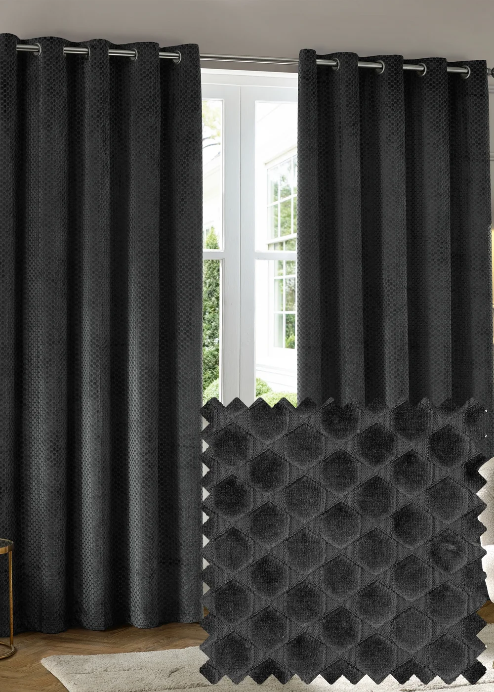 Paoletti Neptune Velvet Room Darkening Eyelet Curtain Pair Charcoal - 46W X 54D (117x137cm Image 1