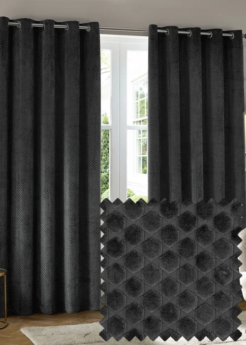 Paoletti Neptune Velvet Room Darkening Eyelet Curtain Pair Charcoal - 46W X 54D (117x137cm Image 1