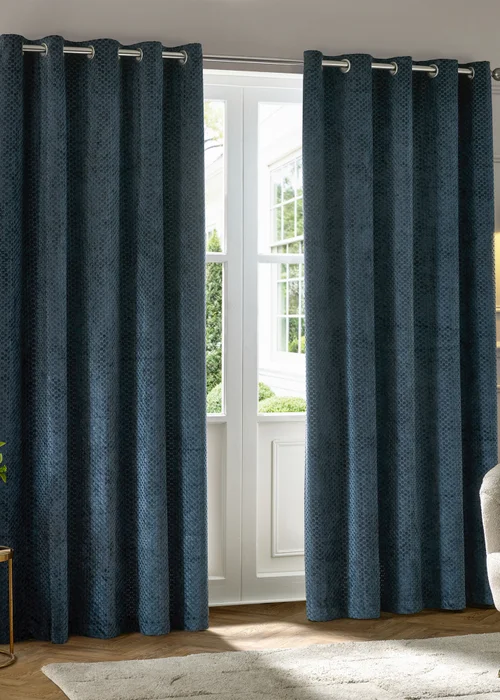 Paoletti Neptune Velvet Room Darkening Eyelet Curtain Pair Navy - 46W X 54D (117x137cm Image 2